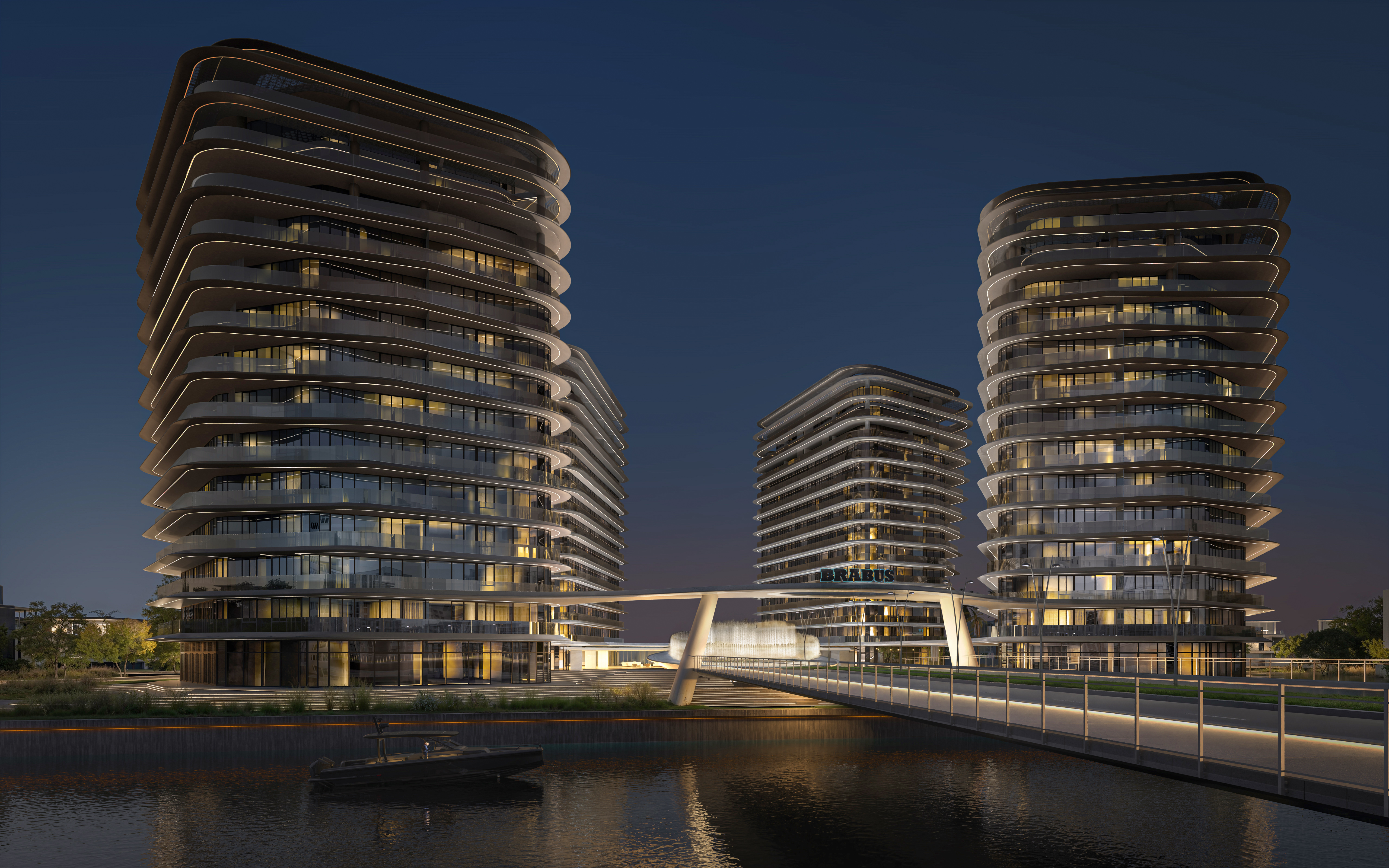 Luxury waterfront development with modern architecture and marina at golden hour